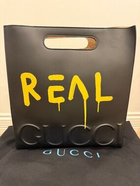Gucci “REAL” Leather RIHANNA Tote Bag Black Yellow Graffiti Logo Runway NEW‼️